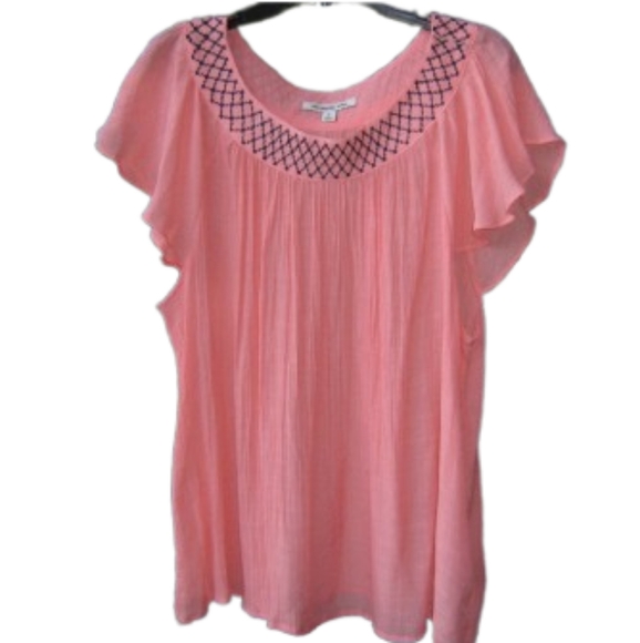 Zac & Rachel Tops - Zac & Rachel Women’s‎ 2X Pink Flutter Sleeve Blouse Top Embroidered Neckline
